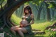 A pregnant woman sitting under a tree in a forest.